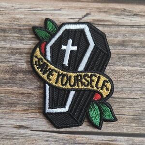Save Yourself Coffin  Gothic 90s Witch Occult Iron On Patch